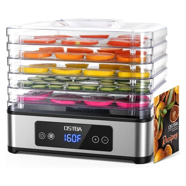 OSTBA Food Dehydrator, 5 Stainless Steel Trays, 48H Timer, Temp Control, 420W, Includes Recipe Book, for Jerky, Fruits, Herbs, Meat, Dog Treats