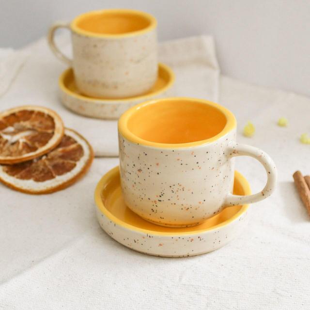 Yellow and Speckled Handmade Ceramic Espresso Cup with Saucer, 4 oz. Capacity Double Espresso Cup, Cortado Cup
