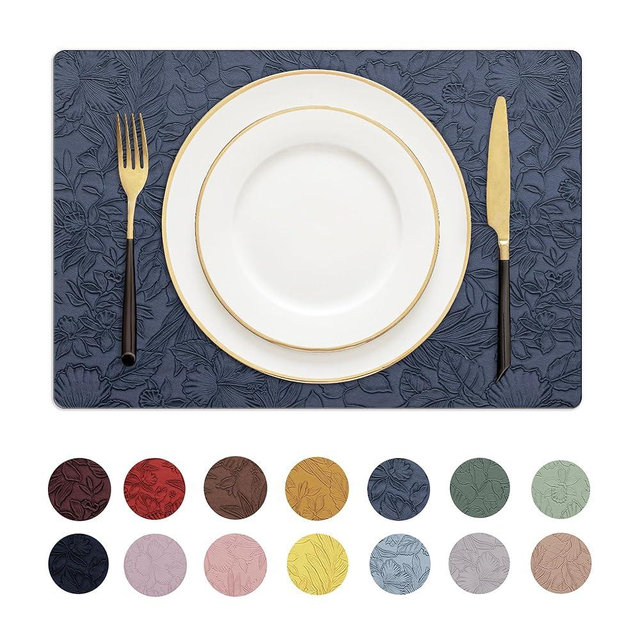 Romanstile Vinyl Placemats Set of 4-12 X 18 Inch - Heat Resistant Non-Slip Embossed Floral Place Mats 100% Waterproof Oilproof Wipeable Faux Leather Table Mats for Kitchen/Dining/Party, Navy Blue