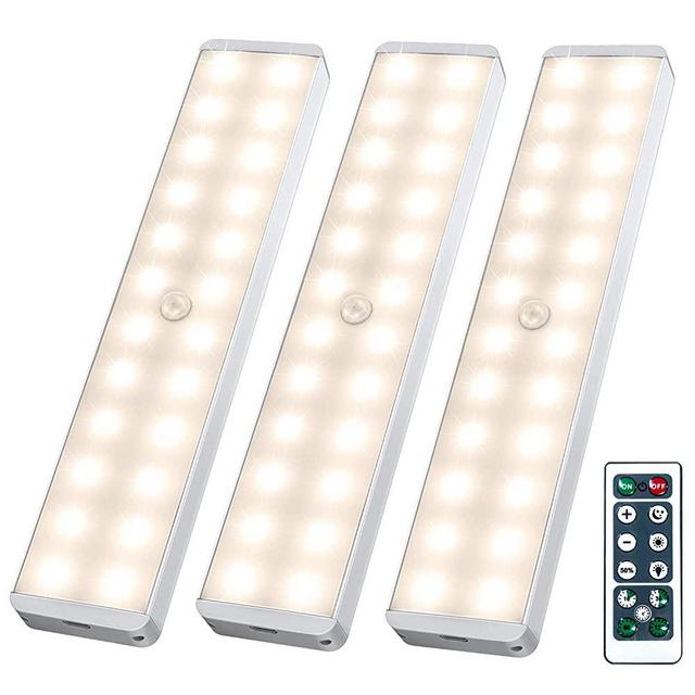 LED Closet Light, 24-LED Dimmer Rechargeable Motion Sensor Closet Light Under Cabinet Wireless Stick-Anywhere Night Light Bar with Remote Control for Stairs,Wardrobe,Kitchen (3 Pcs) - Warm White