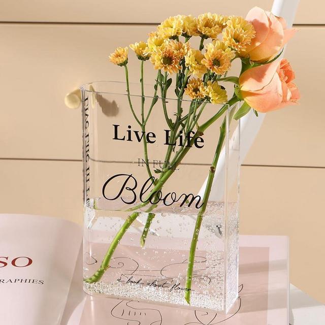 Fixwal Acrylic Book Vase for Home Decor, 6x8 Inches Aesthetic Room Decor, Clear Book Shape Artistic Irregular Transparent Vase, Bedroom or Office Decorations