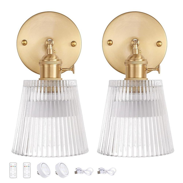 Shenmoyl Vintage Battery Operated Wall Sconce with Transparent Stripe Glass Lampshade Rechargeable Battery Powered Wall Light with Remote Control for Bedside Bedroom Doorway, Set of 2