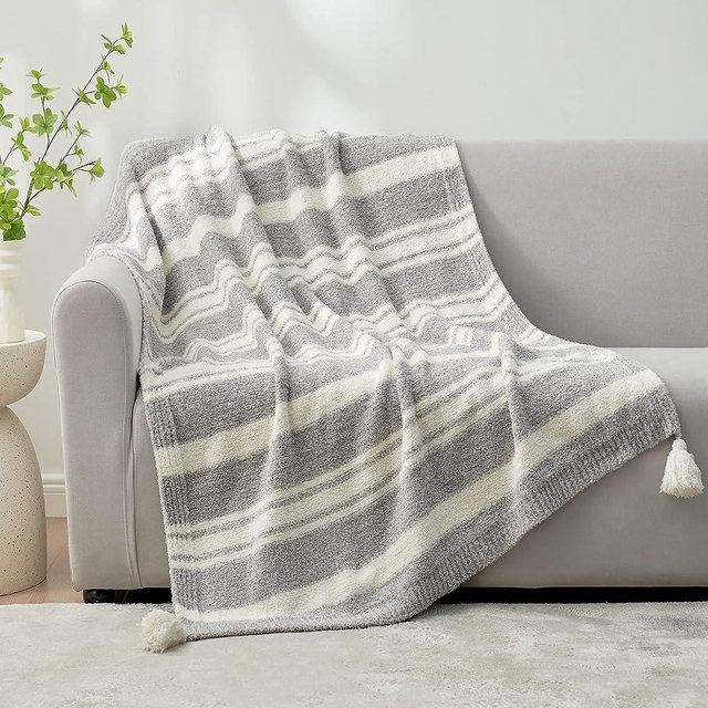 Snuggle Sac Grey Stripe Throw Blanket for Couch, Reversible Throw Blanket Warm Cozy Knit Fuzzy Plush Lightweight for Sofa, Bed, Camping, Picnic, 50 x 60 inch