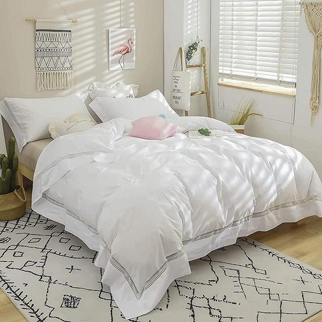 FADFAY White Duvet Cover Premium 100% Cotton Hypoallergenic King/California King Size （106 x 92 inches） Elegant Guipure Lace Bedding 3 Piece：1 Duvet Cover & 2 Pillowcases