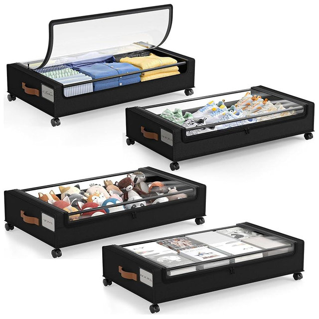 LAMU Under Bed Storage with Wheels, 4 Pack Under Bed Storage Containers with Clear Lid, XXL 60L Underbed Storage Bins, Rolling Under Bed Metal Drawers for Clothes, Blankets, Shoes, Black