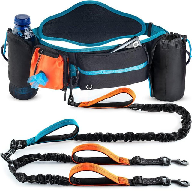 SparklyPets Double Bungee Waist 2 Dog Leash with Back Brace – Dual Dog Leash for Medium/Large Breeds – Running Belt Fanny Pack with Phone, Waste, Treat, and Bottle Pockets