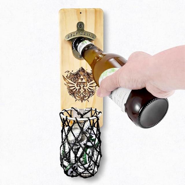 Wooden Wall Mounted Bottle Opener with Cap Catcher, Kitchen Bar Man Cave Decor Housewarming Gifts for Beer Lovers Husband Boyfriend
