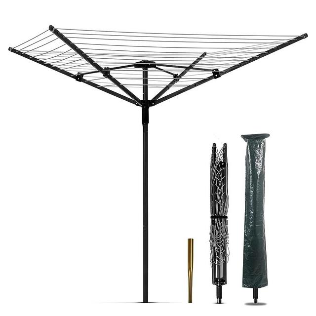 Nisorpa Rotary Outdoor Umbrella Drying Rack Adjustable Height Clothesline w/Waterproof Protective Cover Folding Rotary Dryer with 4-Aluminum Arms and Steel Post | 12-Lines with 165 ft. Clothesline