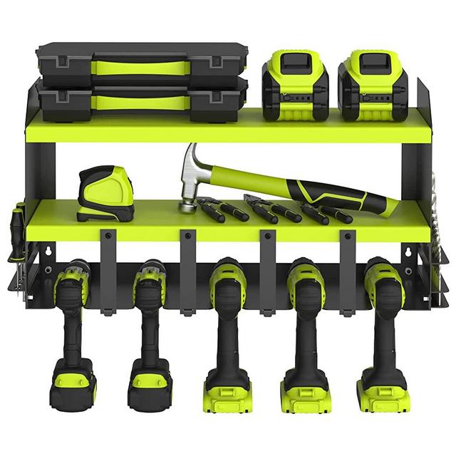 BULL-TECH Power Tool Organizer, 5 Drill Holder Wall Mount with Storage Rack, Cordless Drill Charging Station , Wall Mount Shelf Screwdriver Holder ,Premium Garage Storage Organizers(Green)