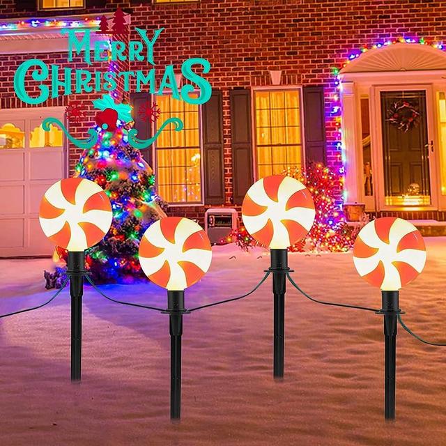 Christmas LED Candy Pathway Stakes Lights, 7Ft Connectable Outdoor Pathway String Lights with 4 Candy Driveway Marker Lights for Xmas Garden Holiday Yard Walkway Lighting Decor