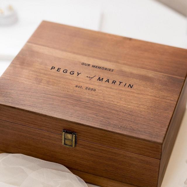 Wood Storage Box w/ Hinge Lid (D10) - Engraved Wedding Keepsake Memory Box Wedding Photos Cards, Engagement Gift, Anniversary Gift Couples
