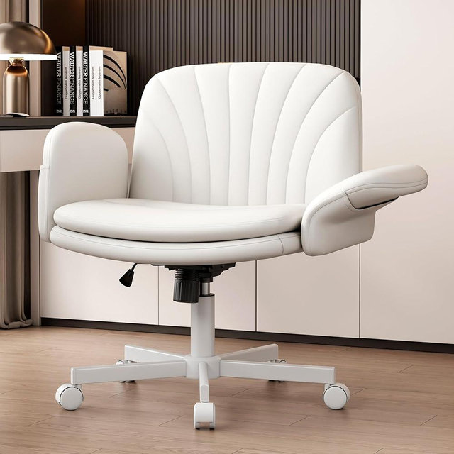 Vonesse Criss Cross Chair, Vanity Chairs with Adjustable Armrests, Makeup Chair with PU Leather and Side Pockets Design, Comfortable Computer Office Desk Chairs for Home, Bedroom (PU Leather,White)