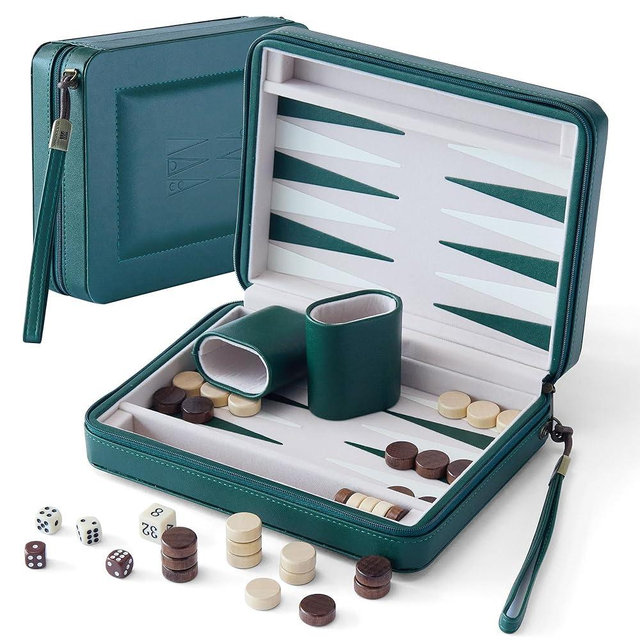 Magnetic Travel Backgammon Set, Portable PU Leather Backgammon Board Game, 9 Inch Classic Strategy Game for Adult Teens, Folding Backgammon Board with 32 Wooden Pieces and 5 Dices, Green