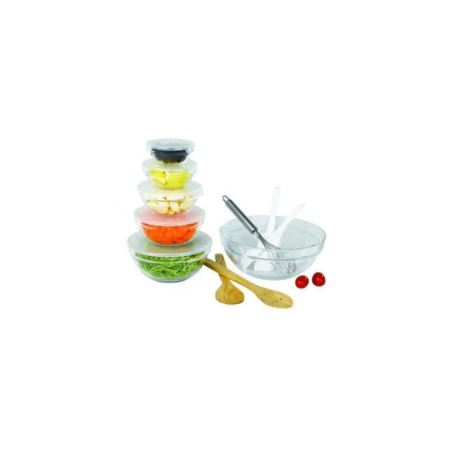 11-Piece Kitchen Accessories Set – Glass Mixing Bowls with Airtight Lids, Stainless Steel Whisk, Scrapers, Wooden Spoons