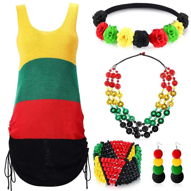 5 Pcs Jamaican Cover Ups Women African Beach Accessories Set Rainbow Crochet Dress Jamaican Outfits for Summer Boho Jewelry
