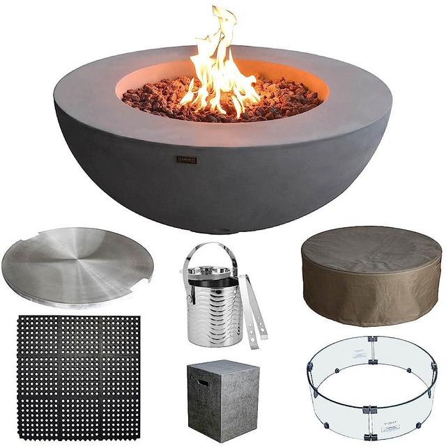 Elementi Lunar Bowl Fire Pit Bundle Outdoor Firepit Set Includes 42” Liquid Propane Concrete Firepit, Glass Windscreen, Stainless Steel Cover, Tank Cover, Canvas Cover, Floor Mat, Ice Bucket