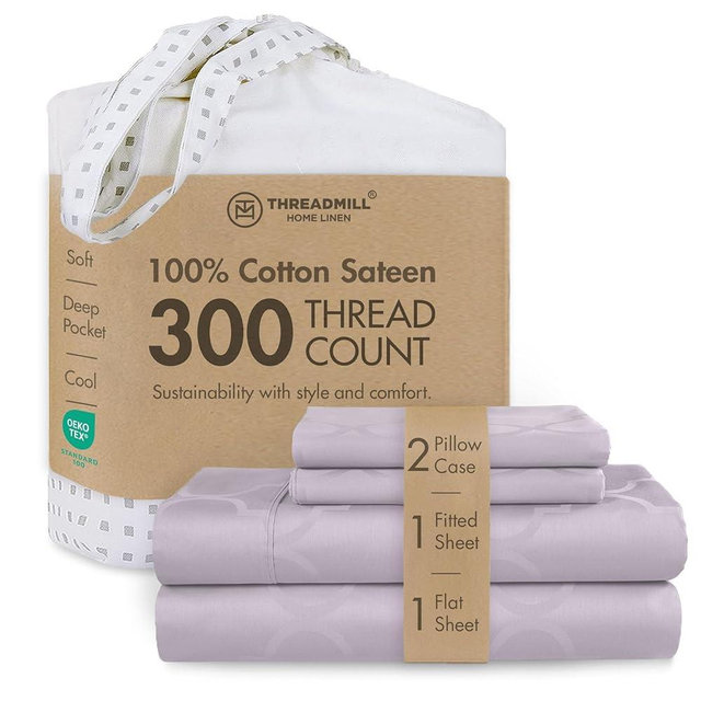 Threadmill Cotton Queen Sheet Set | 100% Cotton Sheets for Queen Size Bed | Damask Jacquard Queen Bed Sheets Set with 16” Deep Pocket | Soft Sateen Weave 4-Piece Cooling Bedding Set | Lilac