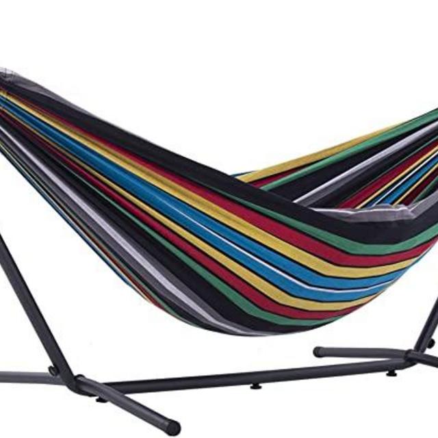 Vivere Double Cotton Hammock with Space Saving Steel Stand, (450 lb Capacity-Premium Carry Bag Included), 9', Rio Night with Charcoal Frame