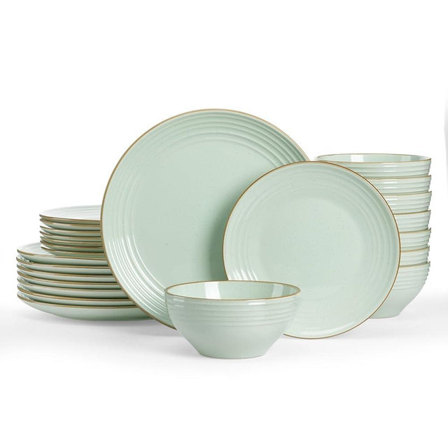 Famiware Jupiter Dinnerware Set, Plates and Bowls Dish Sets for 8 (24 Pieces), Microwave and Dishwasher Safe Stoneware Speckled Tableware, Chip and Scratch Resistant, Light Green