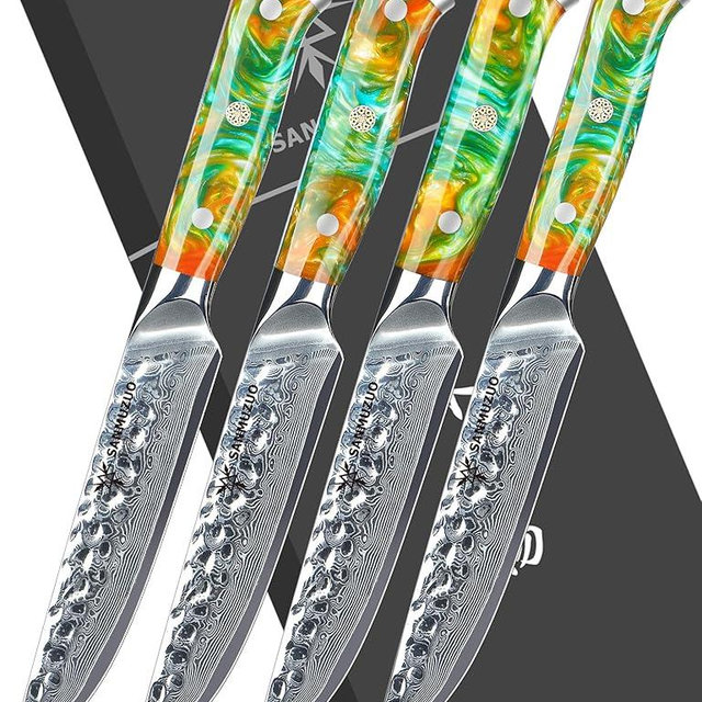 SANMUZUO Steak Knives Set of 4, Ultra Sharp Kitchen Steak Knife 5 Inch - Forged Damascus Steel & Resin Handle - Yao Series