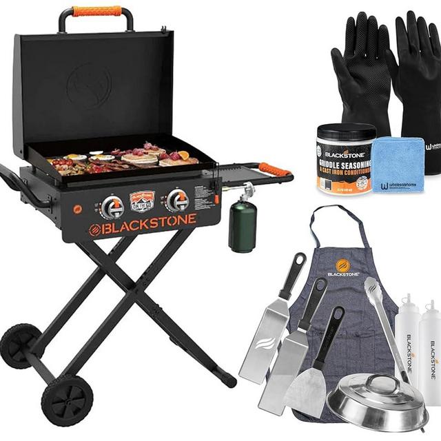 22 inch Blackstone Griddle with Hood and Grill Stand, Foldable Outdoor Flat Top Grill Propane Portable Gas Grill, BBQ Grill with Blackstone Accessories, Seasoning, and Wholesalehome Gloves & Cloth