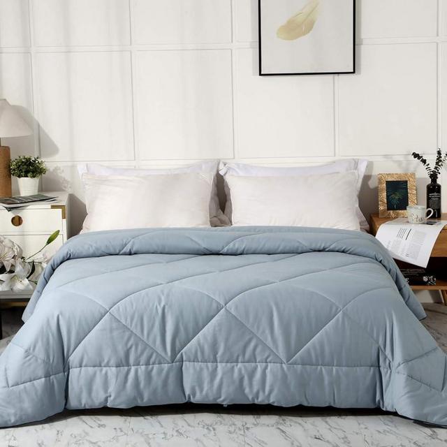 Leisurely Collection 2024 Premium Upgraded Uncompressed Bed Quilt All Season 100% Cotton Filled Comforter - Reversible Lightweight Soft Breathable Fluffy (Grey Blue, Full/Queen)