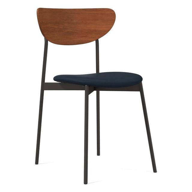 Modern Petal Wood Upholstered Dining Chair, Sierra Leather, Blue, Dark Bronze