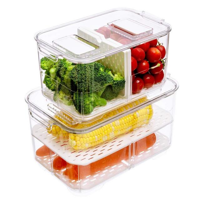Slideep Food Storage Containers, 2 Tier Stackable Fridge Produce Saver with Lids, Removable Drain Tray Drawers Refrigerator Produce Keeper with Strainer for Veggie, Berry, Fruits, Vegetables 2 Pack