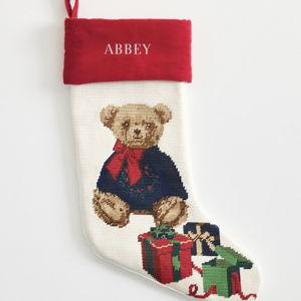 Bear with Bow Needle Point Stocking- bear with blue sweater- ABBEY