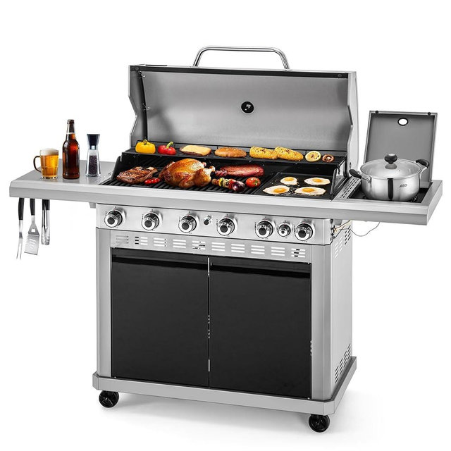 MFSTUDIO 7 Burner BBQ Gas Propane Grill with Searing Side Burner, Porcelain-Enameled Cast Iron Grates and Dual-Side Griddle Combo for Outdoor Barbecue Cooking