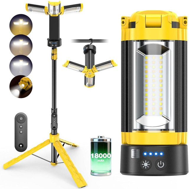 OGERY Camping Lights with Remote, 18000mAh Rechargeable Camping Lantern & LED Work Light, Detachable Tripod Stand up to 6.0 ft, 3 Lamp Heads for Camping Essentials & Emergency, Yellow
