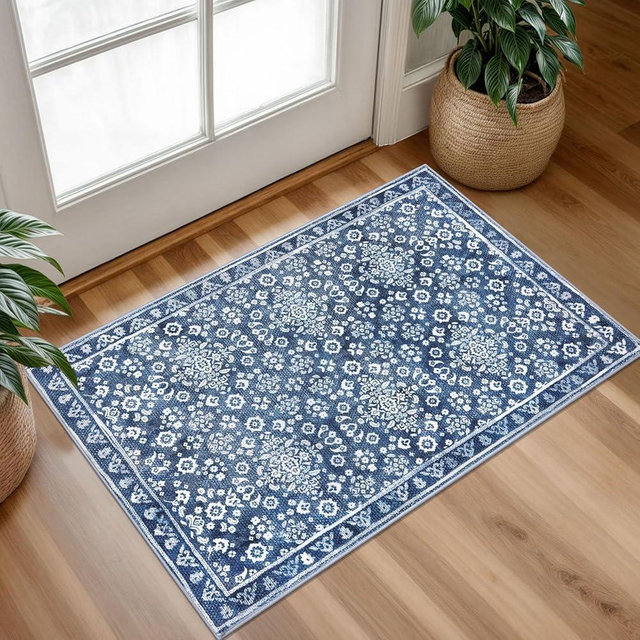 SILOLOOM Vintage Washable Rug 2x3, Denim Blue White Small Area Rugs for Entryway, Floral Super Soft Kitchen Rugs, Throw Rugs Indoor Door Mat Thin Print Faux Wool Carpet for Entrance, Office, Farmhouse