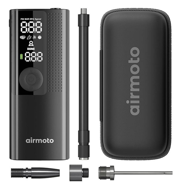Airmoto and Carrying Case Bundle Deal - Tire Inflator Portable Air Compressor with Hard Case - Air Pump for Car Tires, Motorcycle, Bicycle - Cordless Tire Pump with Tire Pressure Gauge