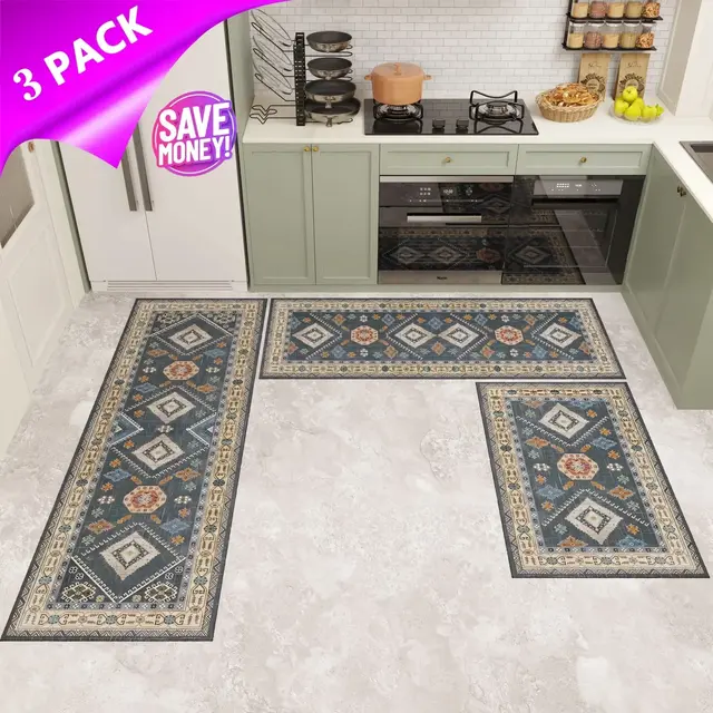 CLEAN EXPERT Bohemian Kitchen Rug Sets 3 Piece with Runner Non Slip Kitchen Rugs and Mats, Washable Kitchen Mats for Floor Entrance Hallway, Dark Blue