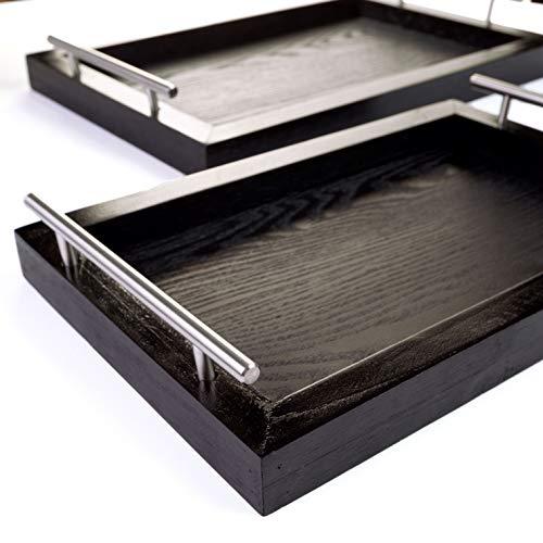 Bison Home Goods Wooden Serving Trays with Stainless Steel Handles (2 Pc. Set) Black Grain, Farmhouse Wood Butler Platters | Serve Breakfast, Appetizer, Coffee, Bar, and Food | Party or Display Use