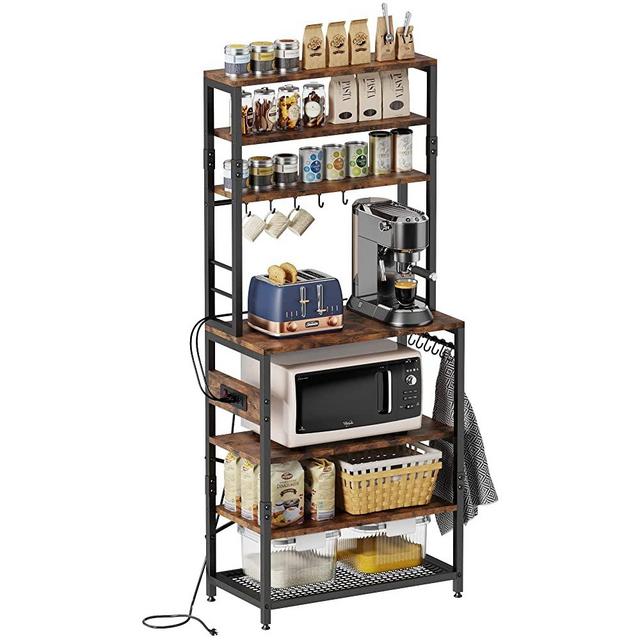 Amosic Kitchen Baker’s Rack with Power Outlet, Multiuse 7-Tier Metal Kitchen Bakers Rack, Floor Standing Spice Rack Organizer Workstation, for Microwave, Spice Jars, Pots and Pans, Rustic Brown