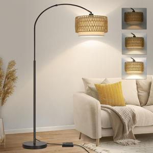Rattan Floor Lamp, Dimmable Arc Floor Lamps for Living Room, Boho Farmhouse Standing Lamp with Adjustable Head, Tall Pole Lamp Reading Light for Bedroom, Over Couch, Office, 9W LED Bulb Included