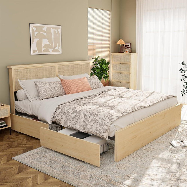 Yechen King Bed Frame with Natural Rattan Headboard and Wooden 4 Storage Drawers, Light Oak Metal Platform Bedframe with Strong Wooden Slats Support, Boho Cane Wood Bed, No Box Spring Needed