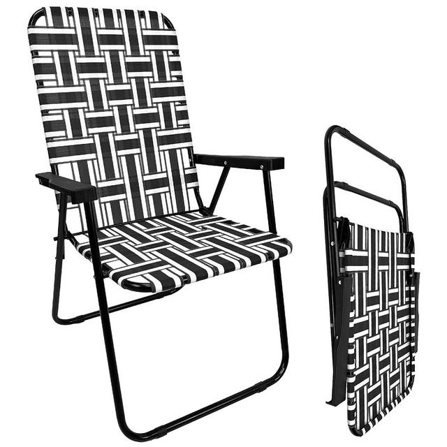 EasyGo Product Lawn Chair Folding Steel Webbing Chaise Patio Lounger Seat Wood Handles Great for Camping, Beach, Fishing, Backyard, Stadium, Pool, Boating, and Sports 1 Pack Black