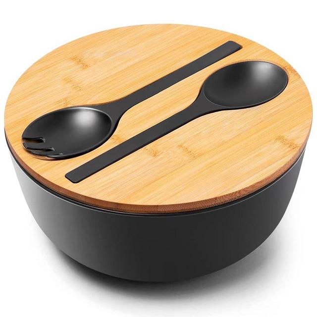 ECOWAY Salad Bowl Set with Bamboo Lid & Utensils, 125OZ, Bamboo Fiber Salad Serving Bowl with Servers for Kitchen Eating, 9.8 Inch Large Mixing Bowl for Salads, Fruits, Vegetables and Pasta, Black