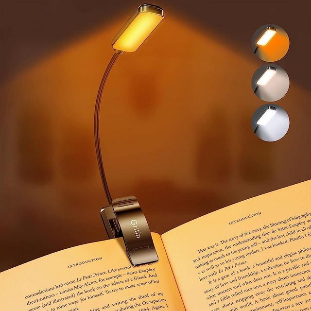 Gritin 9 LED Rechargeable Book Light for Reading in Bed -Eye Caring 3 Color Temperatures,Stepless Dimming Brightness,80 Hrs Runtime Small Lightweight Clip On Book Reading Light for Kids,Studying