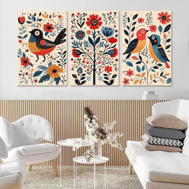 Hunanies Set of 3 Floral Bird Print, Norwegian Folk Art, Nordic Unframed Canvas Art Print, Botanical Wall Art, Vintage Wall Decor, Wall Decor for Living Room, Bedroom (16" x 24" x 3 pcs)