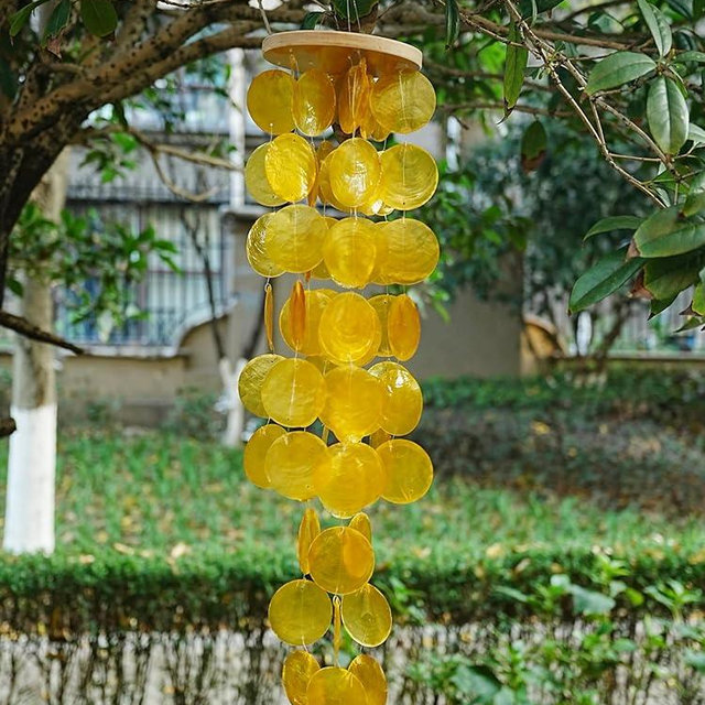 Capiz Shell Wind Chime for Outside 28” Sea Glass Wind Chime Ocean/Beach Themed Chime Gift for Women Mother’s Day Decoration Orange