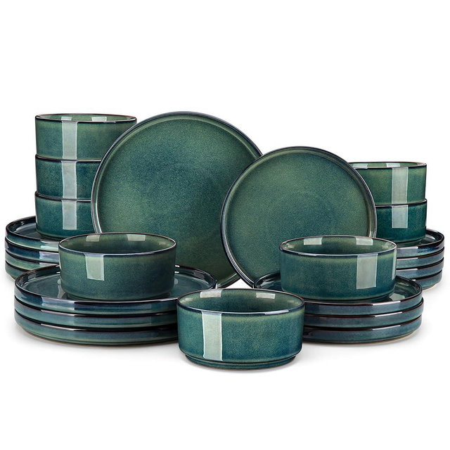 vancasso Starry Plates and Bowls Sets for 8, 24 Pieces Green Dinnerware Sets for Kitchen, Modern Stoneware Dishes Set, Dishwasher and Microwave Safe