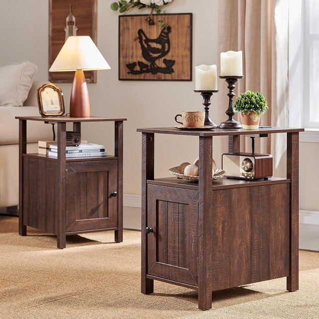 IFGET Farmhouse Nightstand Set of 2, End Table with Charging Station, Rustic Side Table w/Barn Door & Open Shelves, Bedside Table w/Storage Space and Storage Cabinet for Bedroom, Living Room (Brown)