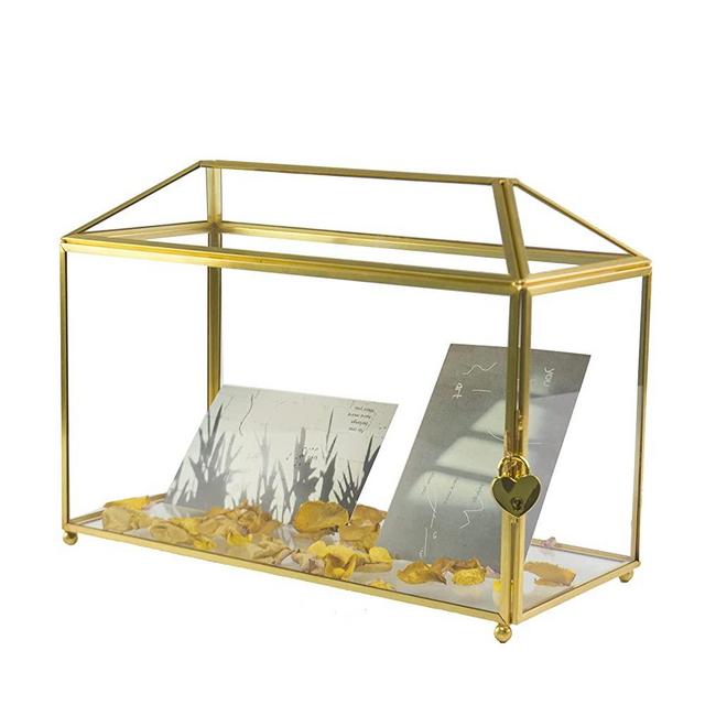 Gold Wedding Glass Card Box – Large Wedding Card Holder Gold Handmade Brass Vintage Rectangle Shape with Lid (Vintage Gold with Lock)