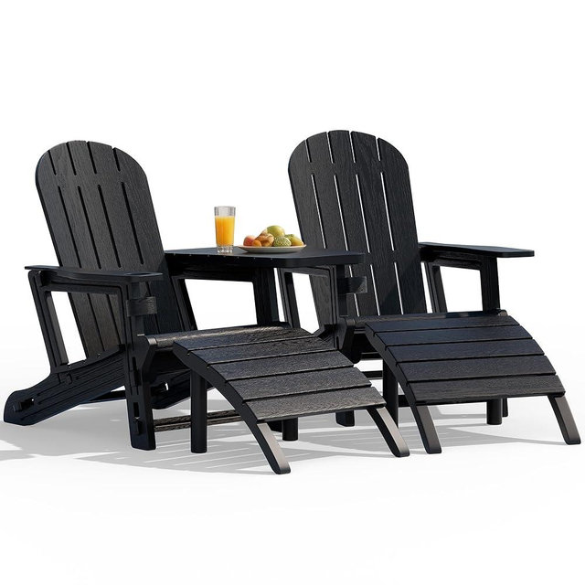 Vongrasig Adirondack Chairs Set of 2 with Removable Tabletop and Footrest, All-Weather HDPE Outdoor Chair Set with Wooden Textured, Cup Holder for Patio, Poolside, Deck, Garden, Black
