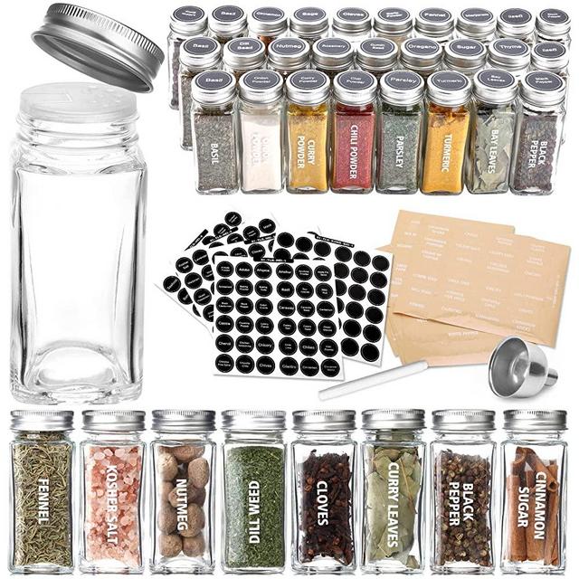 28-Pack 3.5 OZ Ultra Clear Glass Spice Jars with 324 Labels, Shaker Lids and Airtight Metal Caps, Empty Reusable Square Seasoning Bottles, Spice Storage Containers, Marker and Stainless Steel Funnel