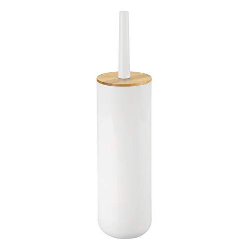mDesign Compact Freestanding Plastic Toilet Bowl Brush and Holder for Bathroom Storage - Plastic and Bamboo - Sturdy, Deep Cleaning - White/Natural Wood Finish