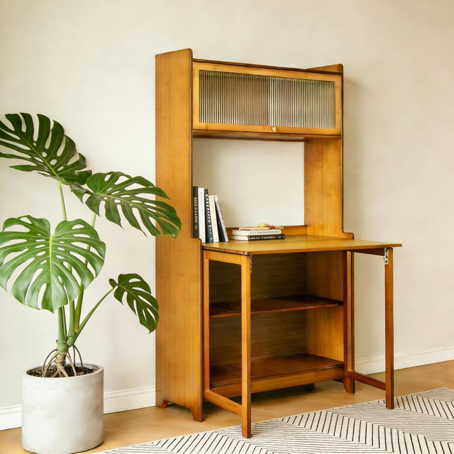 GDFStudio Percy Modern 63" Bamboo Folding Desk with Shelves, Walnut